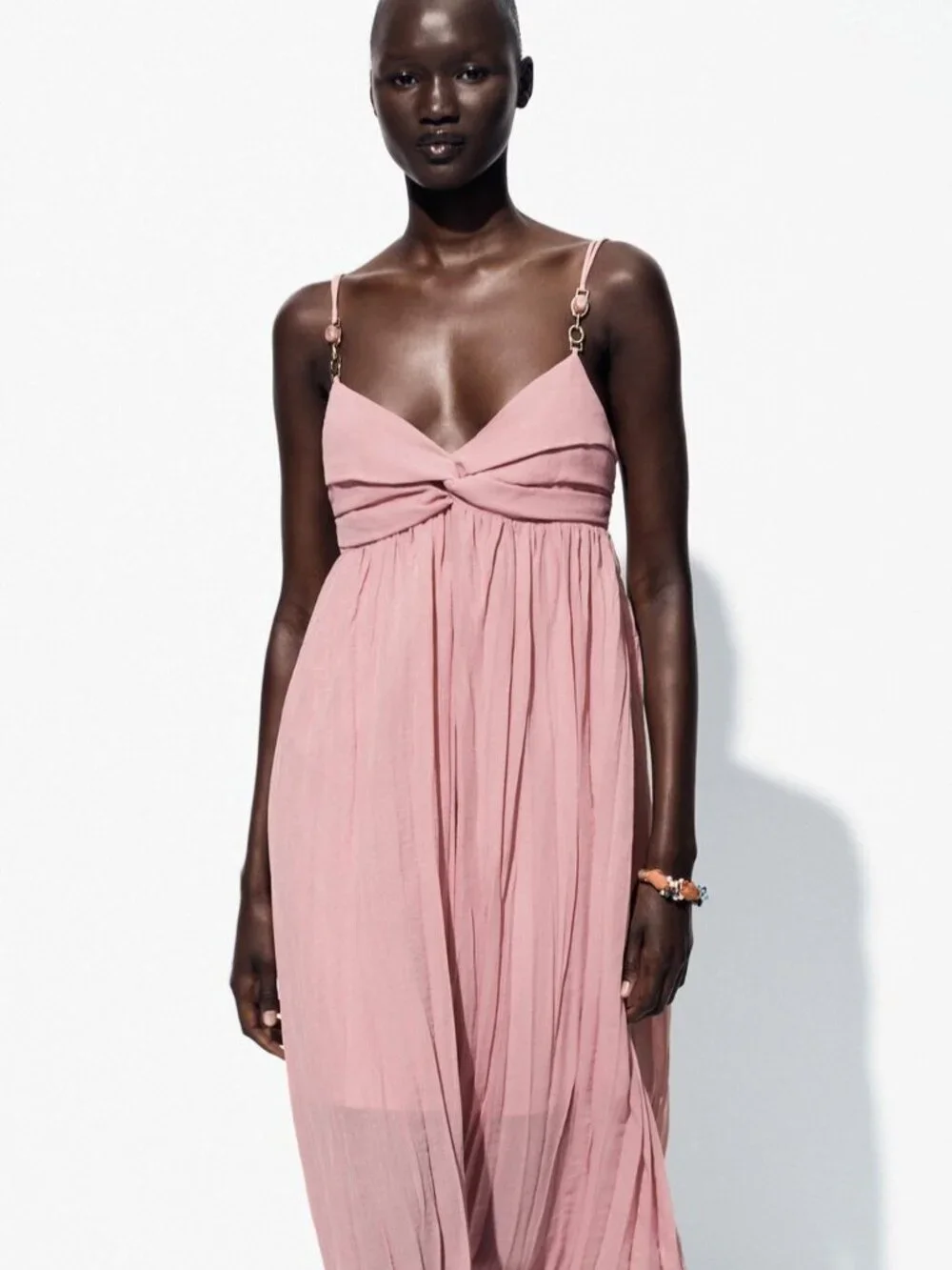 New Zara Thin Metal/Stone Straps V-Neck Pleated Fabric Marsala Midi Dress Small